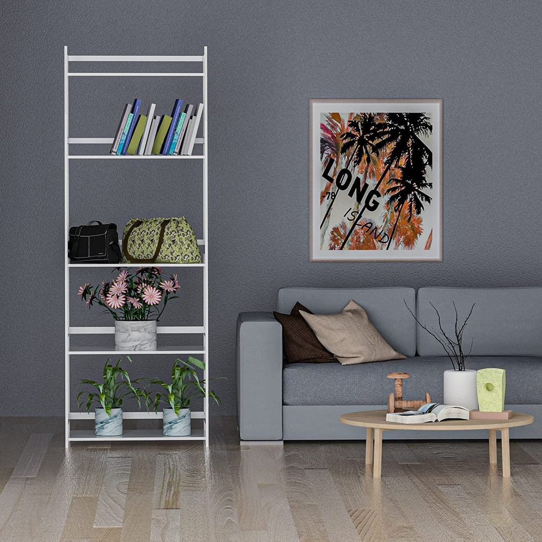 5 Tier White Ladder Shelf Bookcase for Bedroom, Living Room, Office - Modern Open Bookshelf Image 3