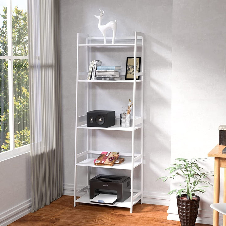 5 Tier White Ladder Shelf Bookcase for Bedroom, Living Room, Office - Modern Open Bookshelf Image 11