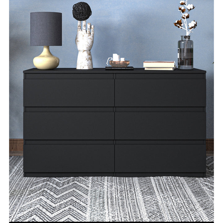 Black 6 Drawer Double Dresser Particle Board Freestanding Storage Organizer 55in Image 1