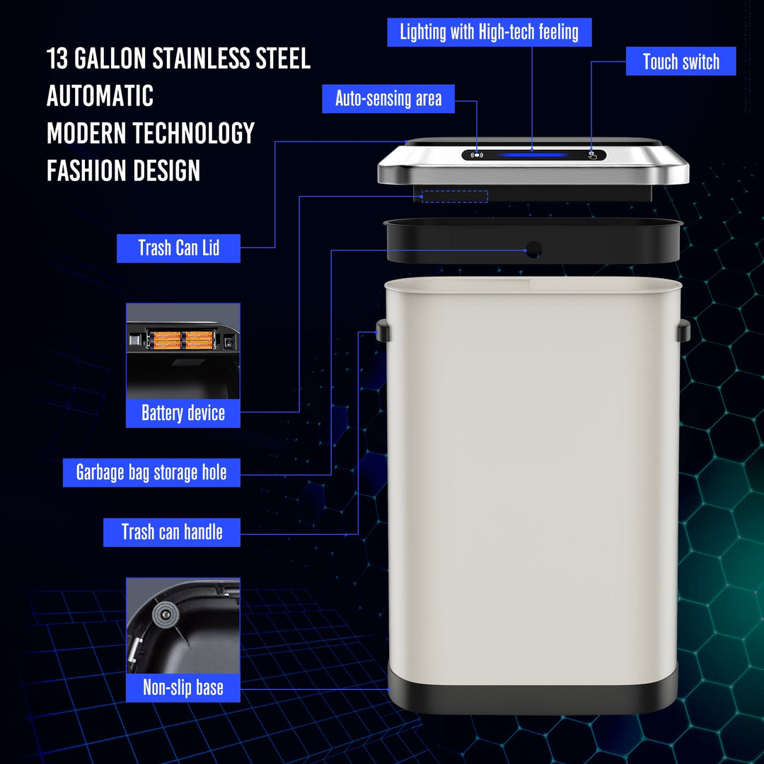 50L Smart Automatic Trash Can White Motion Sensor Hands-Free Stainless Steel Image 10