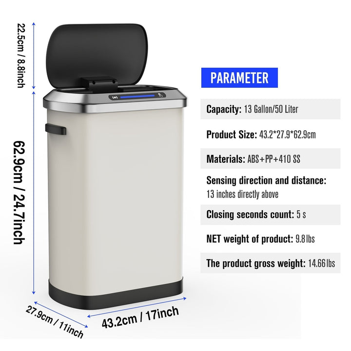 50L Smart Automatic Trash Can White Motion Sensor Hands-Free Stainless Steel Image 11