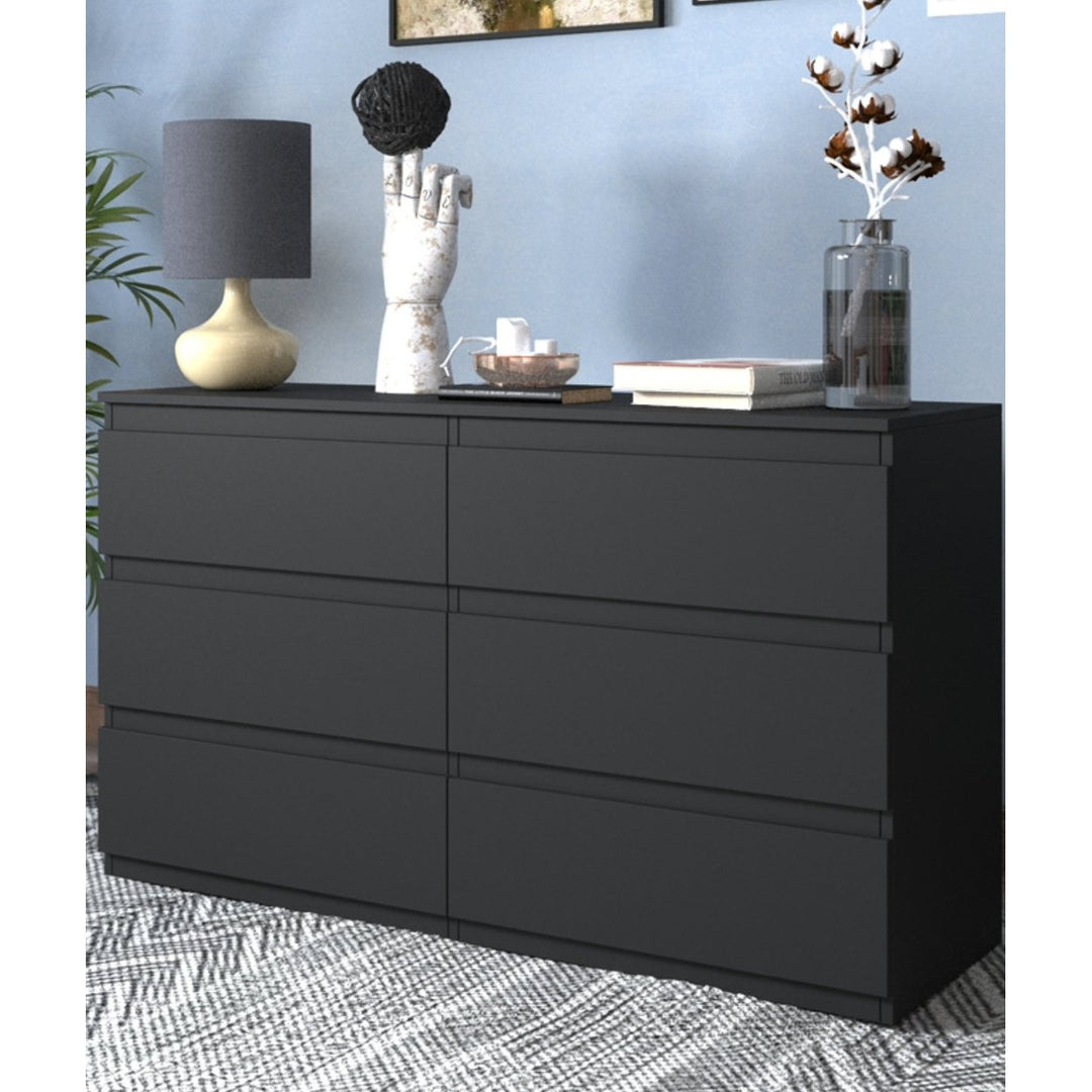 Black 6 Drawer Double Dresser Particle Board Freestanding Storage Organizer 55in Image 12