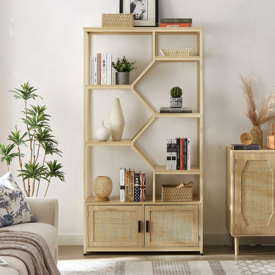 7-Tier Rattan Bookshelf with Cabinet Natural Wood 39.4W x 13.8D x 75.6H Image 1