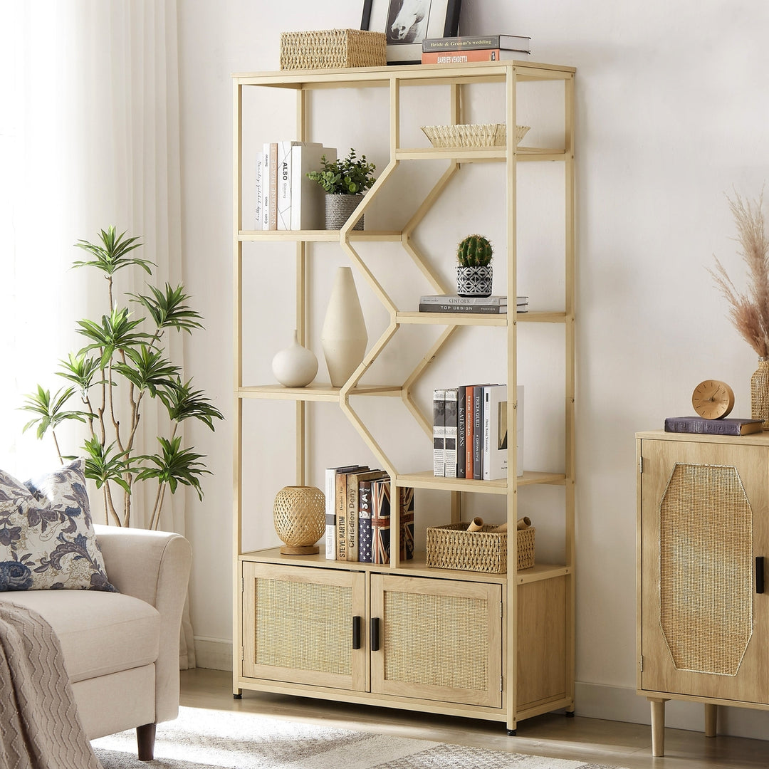 7-Tier Rattan Bookshelf with Cabinet Natural Wood 39.4W x 13.8D x 75.6H Image 2