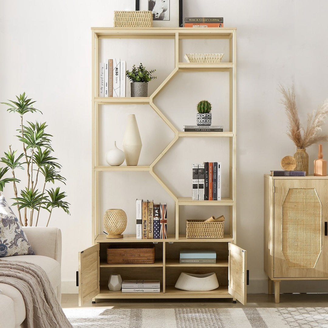 7-Tier Rattan Bookshelf with Cabinet Natural Wood 39.4W x 13.8D x 75.6H Image 3