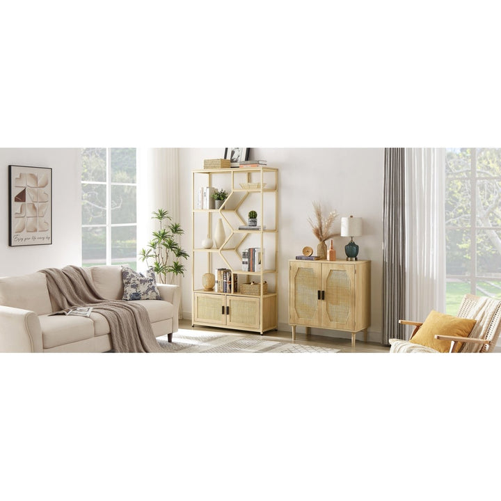 7-Tier Rattan Bookshelf with Cabinet Natural Wood 39.4W x 13.8D x 75.6H Image 4