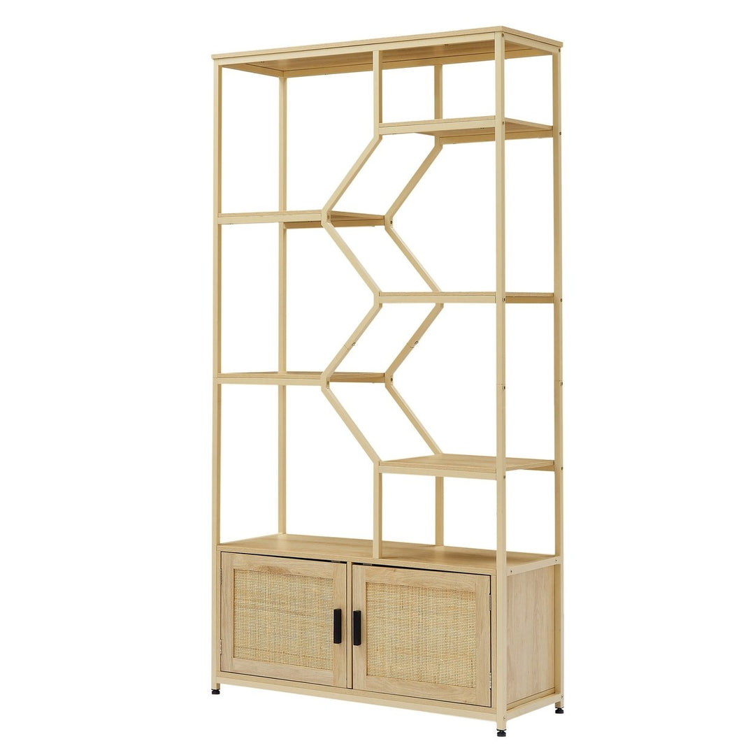 7-Tier Rattan Bookshelf with Cabinet Natural Wood 39.4W x 13.8D x 75.6H Image 6