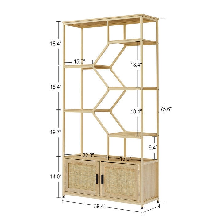 7-Tier Rattan Bookshelf with Cabinet Natural Wood 39.4W x 13.8D x 75.6H Image 7