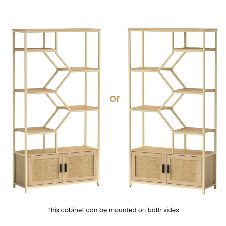 7-Tier Rattan Bookshelf with Cabinet Natural Wood 39.4W x 13.8D x 75.6H Image 10