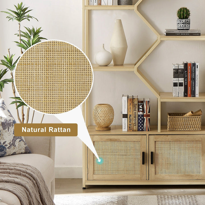 7-Tier Rattan Bookshelf with Cabinet Natural Wood 39.4W x 13.8D x 75.6H Image 11