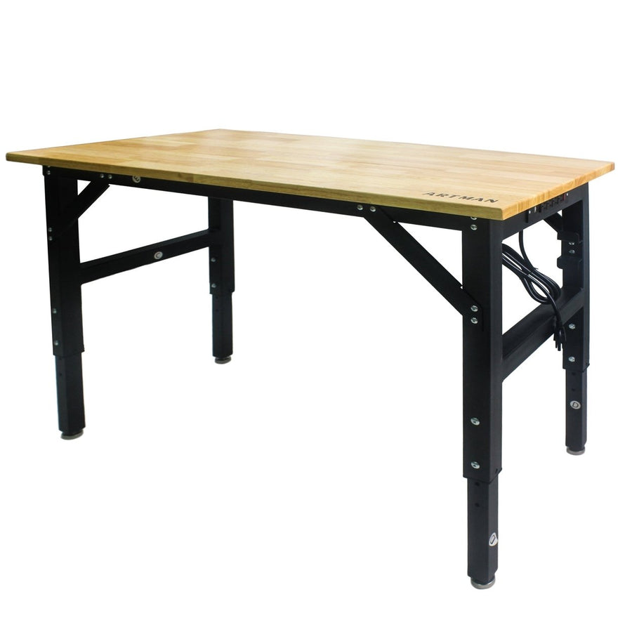 Metal Adjustable Worktable with Socket and Wooden Top for Home Office or Workshop Use Image 1