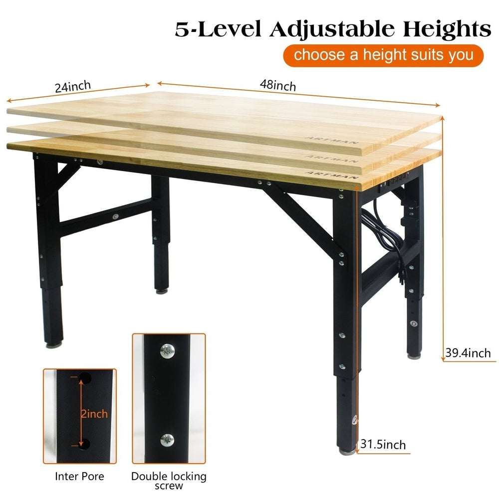 Metal Adjustable Worktable with Socket and Wooden Top for Home Office or Workshop Use Image 2