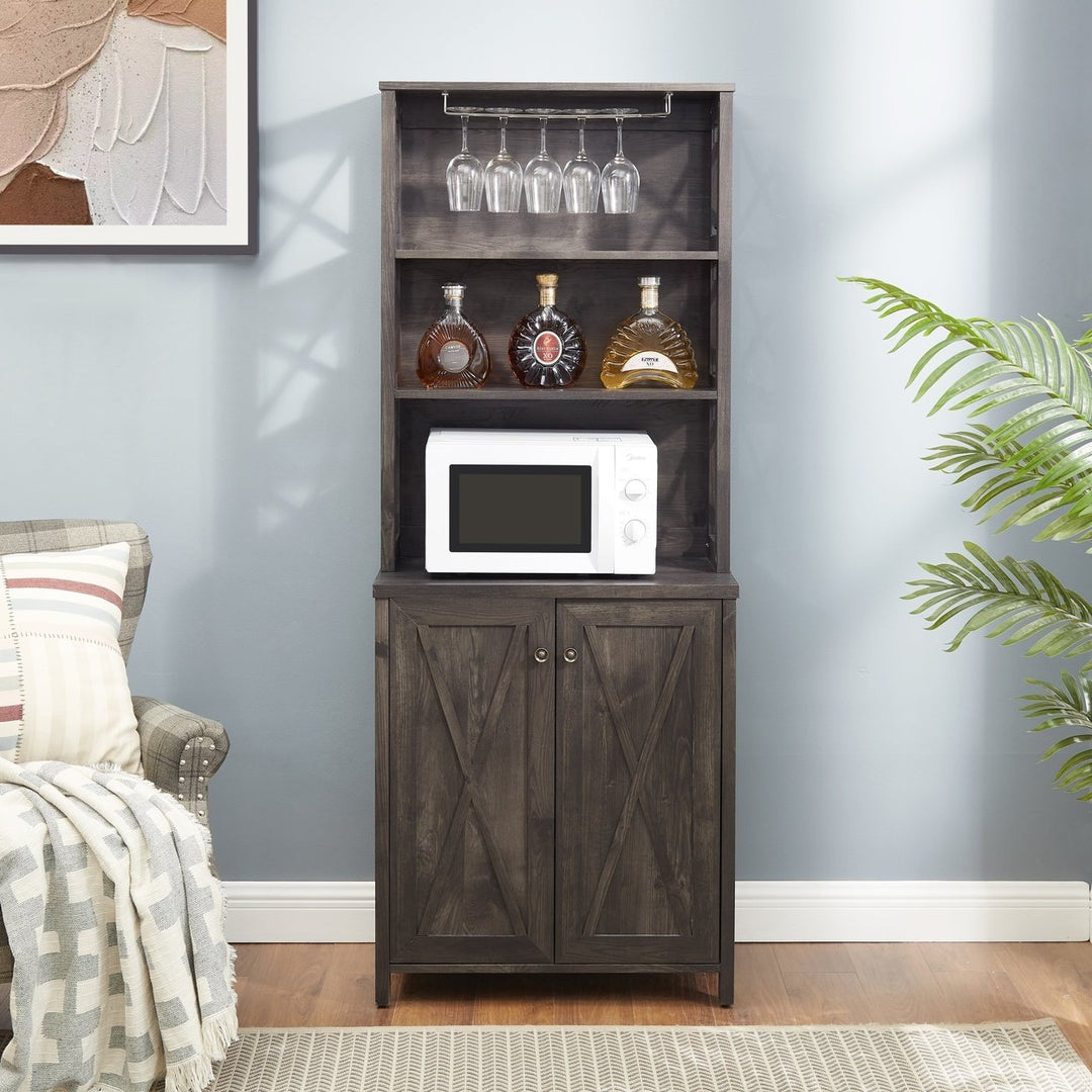 Coffee Bar Cabinet with Microwave Stand Metal Frame Hollow Out Barn Design Wood Storage Unit Charcoal Gray Image 1