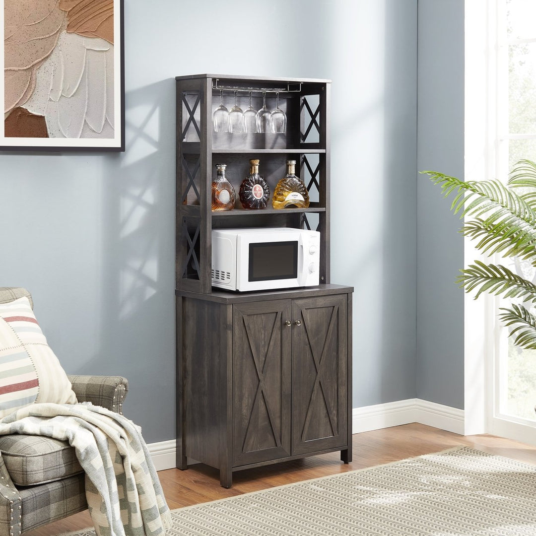 Coffee Bar Cabinet with Microwave Stand Metal Frame Hollow Out Barn Design Wood Storage Unit Charcoal Gray Image 3