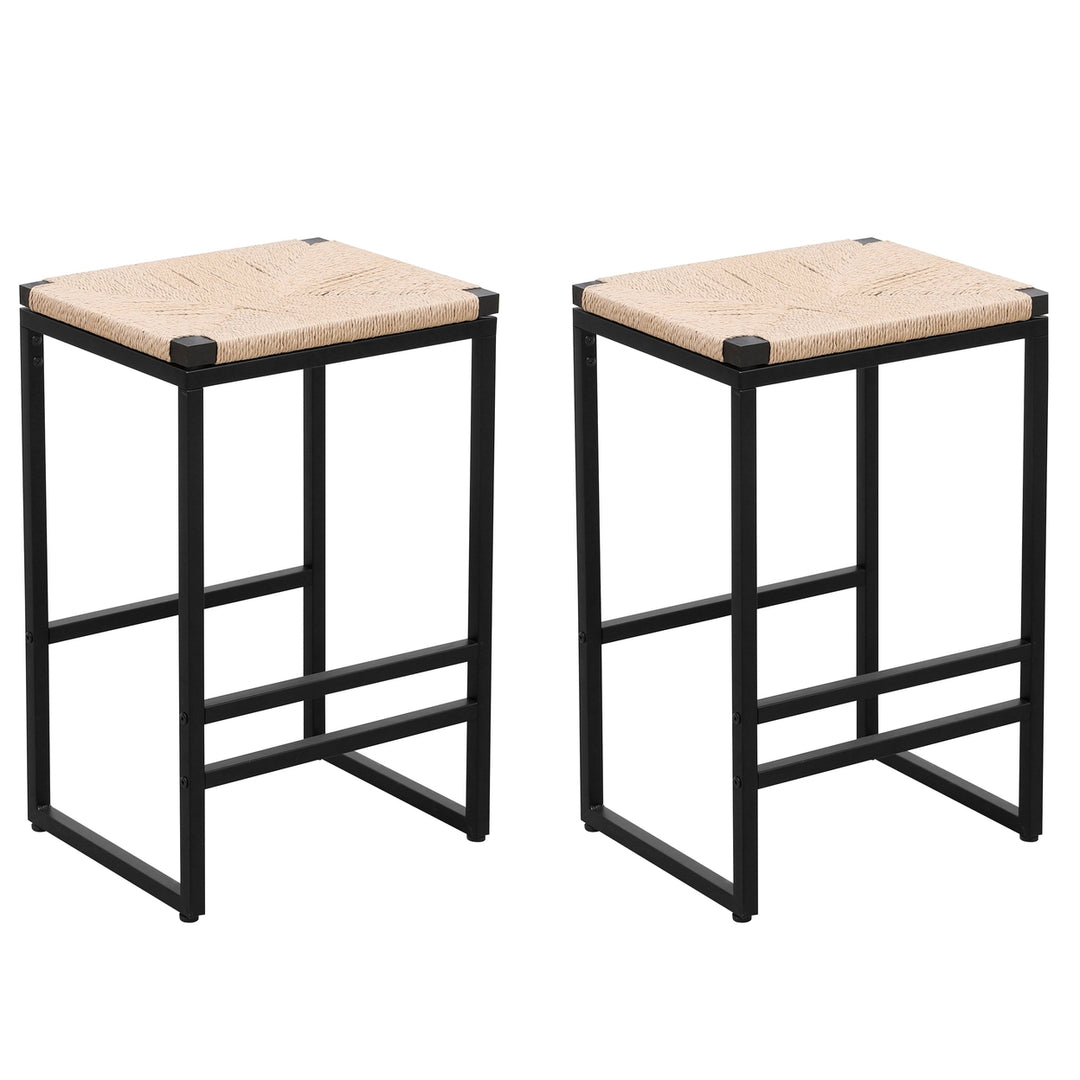 Backless Bar Stools Set of 2 Kitchen Counter Stools Paper Rope Woven Chairs Image 7