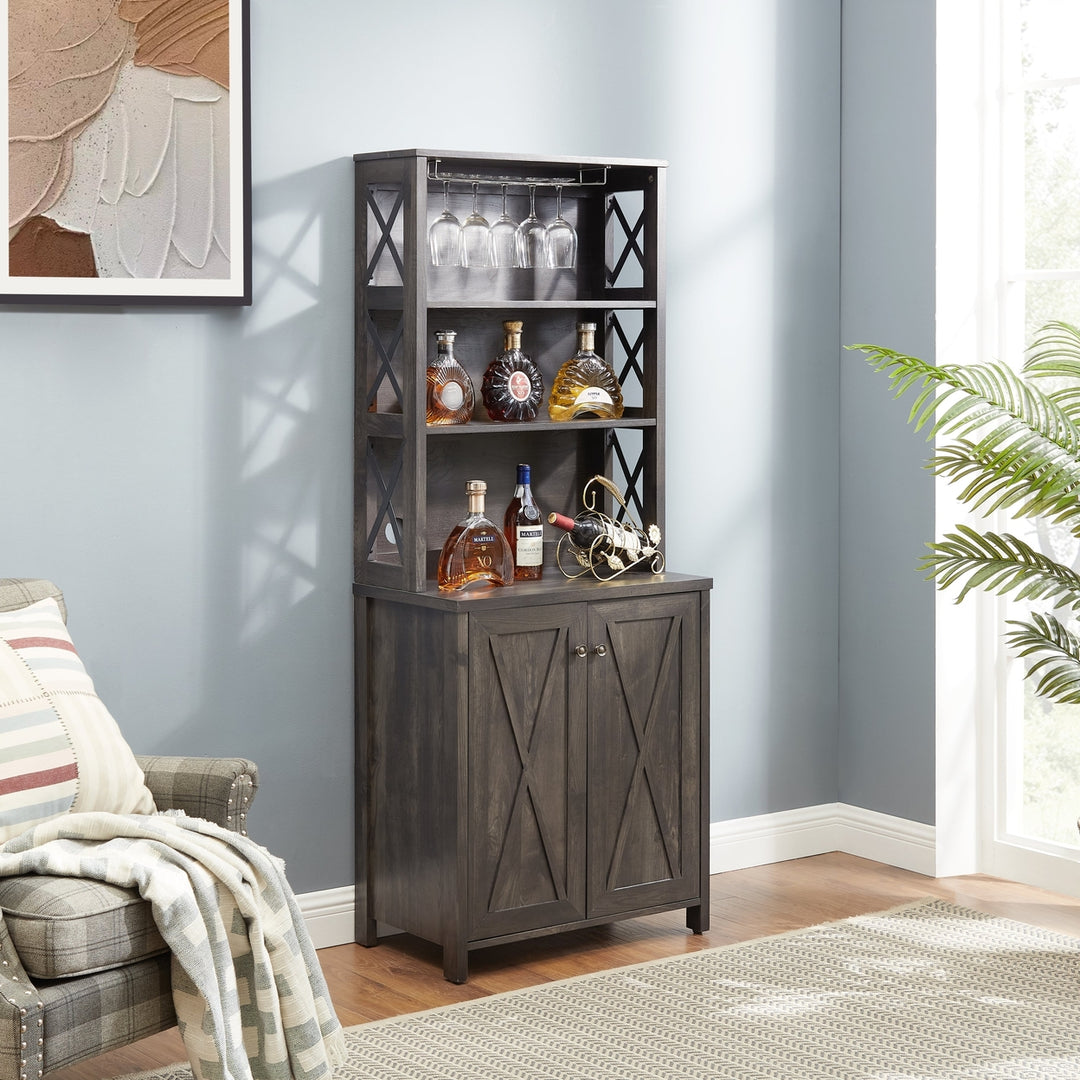 Coffee Bar Cabinet with Microwave Stand Metal Frame Hollow Out Barn Design Wood Storage Unit Charcoal Gray Image 4