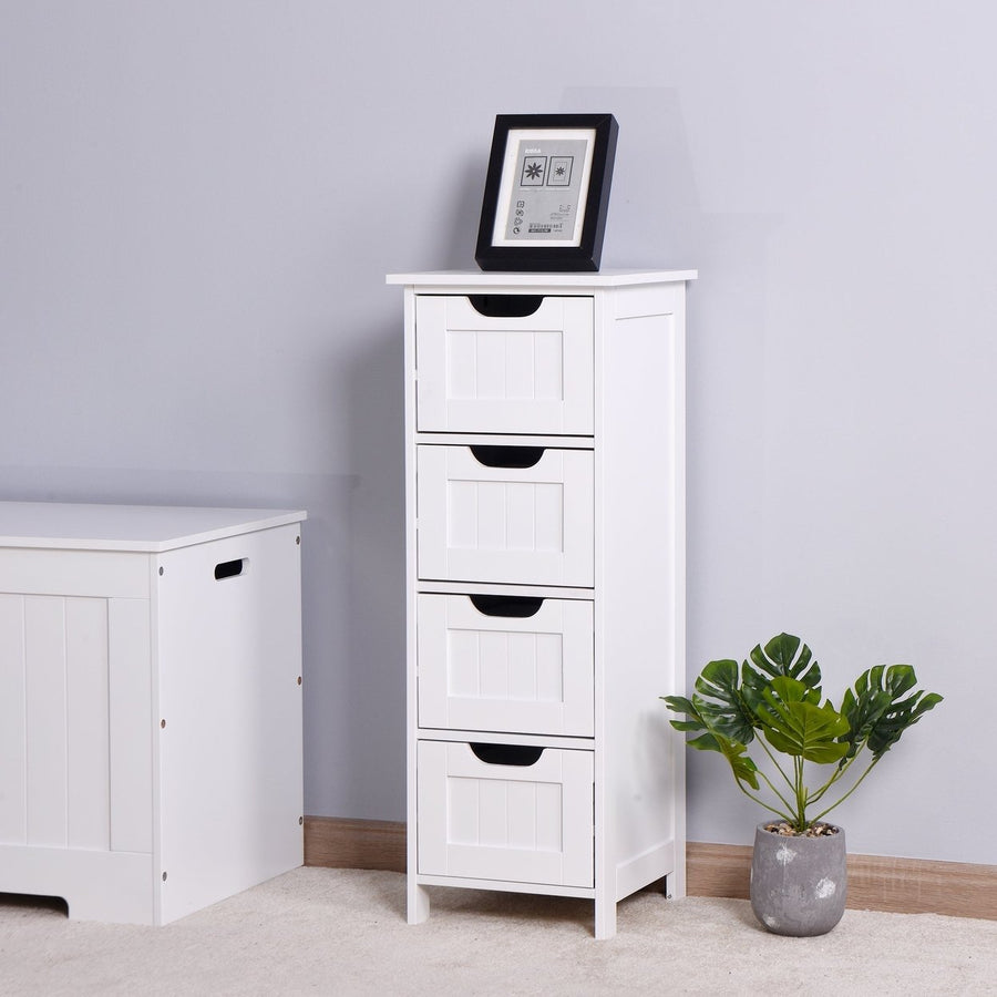 White Bathroom Storage Cabinet Freestanding with Drawers Slim P2 MDF Furniture Image 1