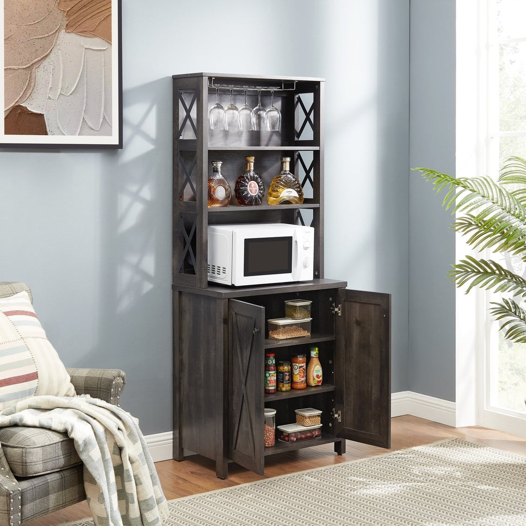 Coffee Bar Cabinet with Microwave Stand Metal Frame Hollow Out Barn Design Wood Storage Unit Charcoal Gray Image 5