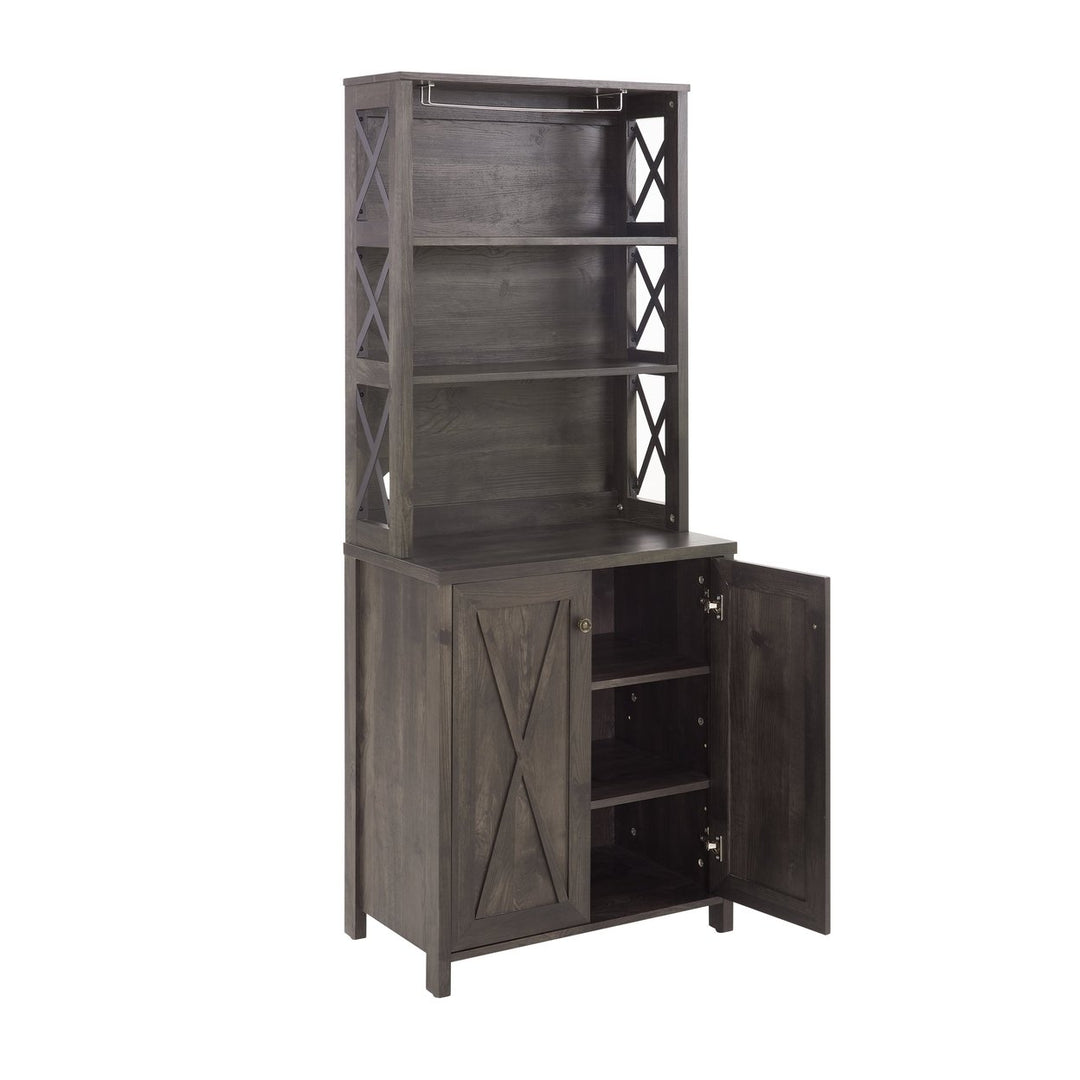 Coffee Bar Cabinet with Microwave Stand Metal Frame Hollow Out Barn Design Wood Storage Unit Charcoal Gray Image 10