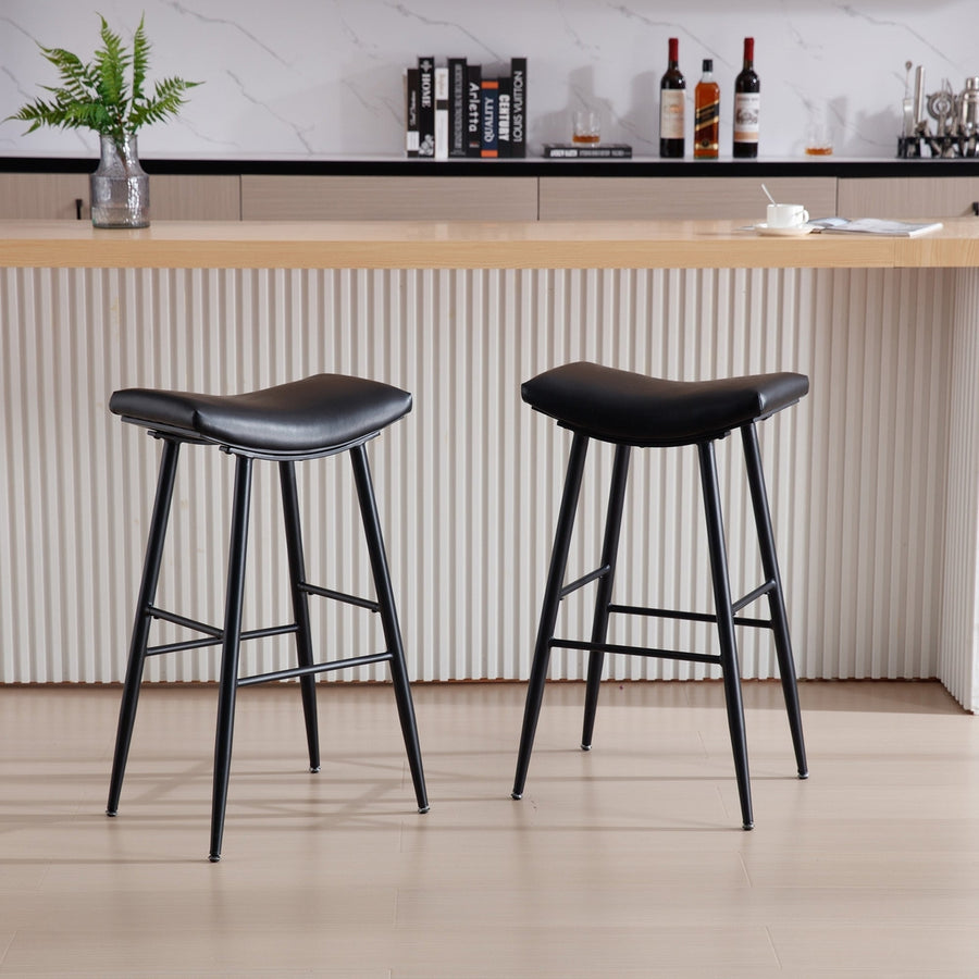 Counter Height Bar Stool Set of 2 PU Upholstered Breakfast Stools with Footrest for Kitchen Dining Room Island Black Image 1