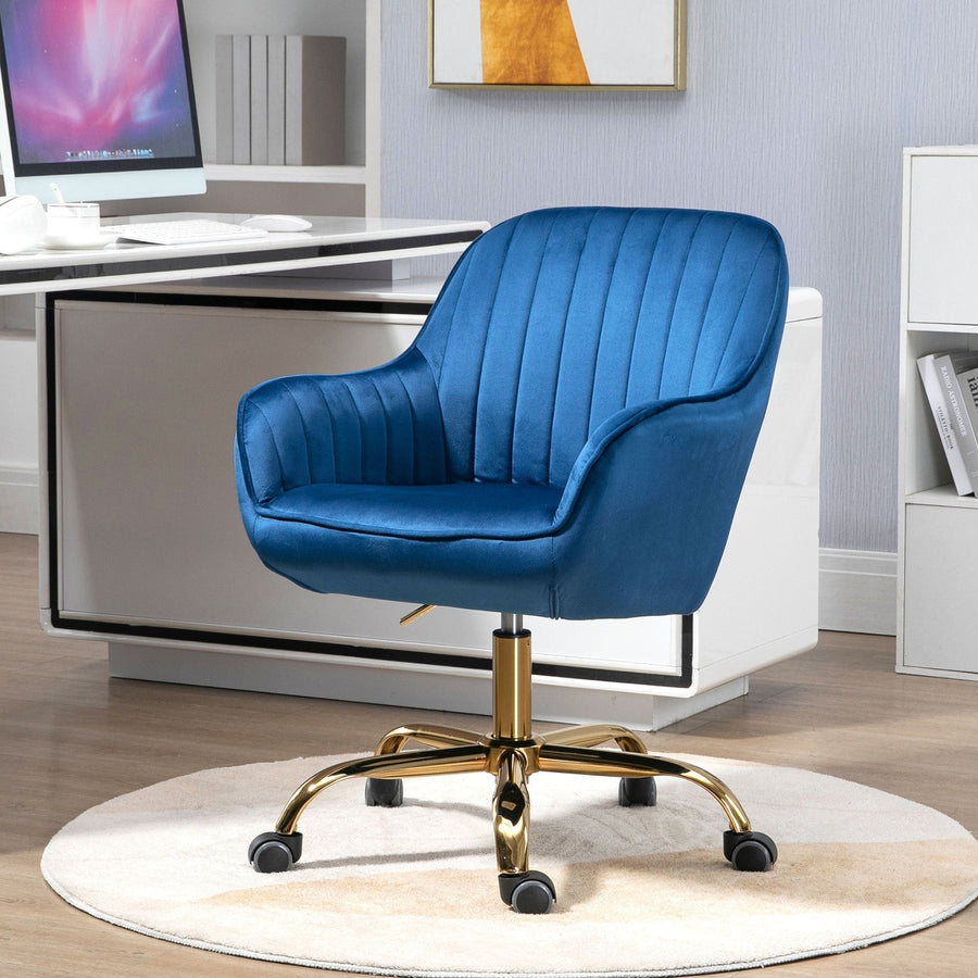 360 degree Dark Blue Velvet Swivel Chair High Back Adjustable Office Chair Golden Base Image 1