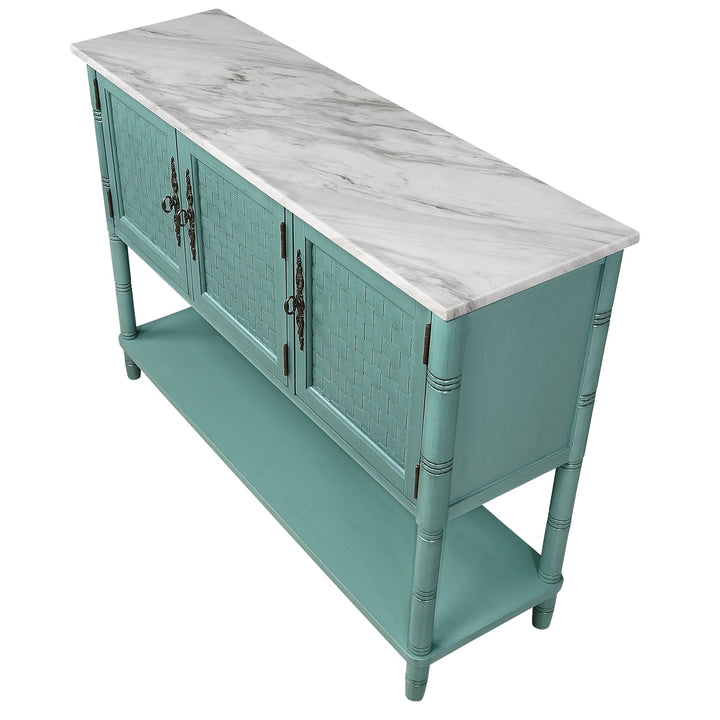 Entryway Table with Faux Stone Tabletop, Farmhouse and Modern Console Table with Storage, Rustic Sofa Table for Image 11