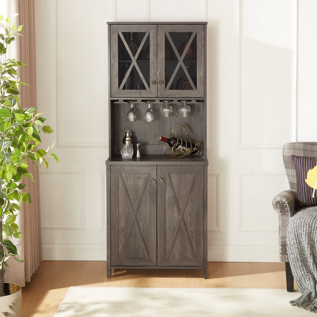 Farmhouse Bar Cabinet Charcoal Grey with Glass Doors Wine Rack Storage Sideboard Image 1