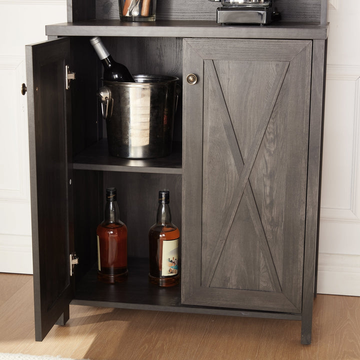 Farmhouse Bar Cabinet Charcoal Grey with Glass Doors Wine Rack Storage Sideboard Image 3