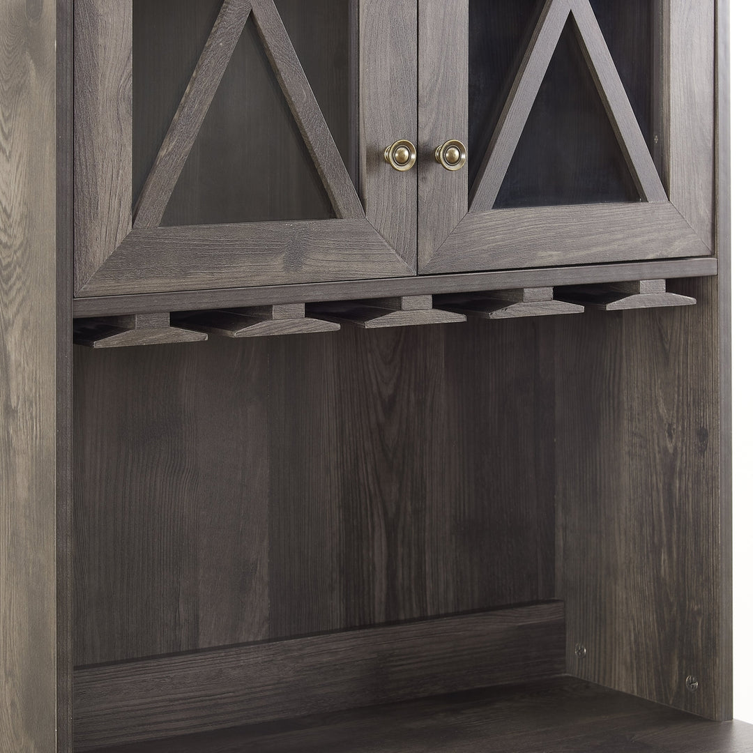 Farmhouse Bar Cabinet Charcoal Grey with Glass Doors Wine Rack Storage Sideboard Image 4