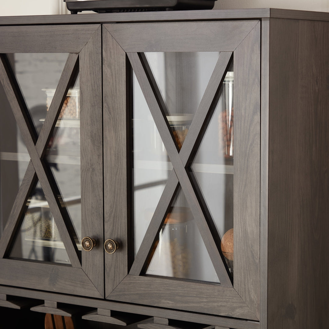 Farmhouse Bar Cabinet Charcoal Grey with Glass Doors Wine Rack Storage Sideboard Image 5