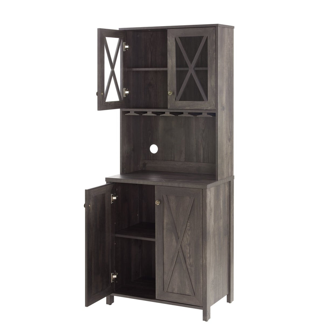 Farmhouse Bar Cabinet Charcoal Grey with Glass Doors Wine Rack Storage Sideboard Image 6