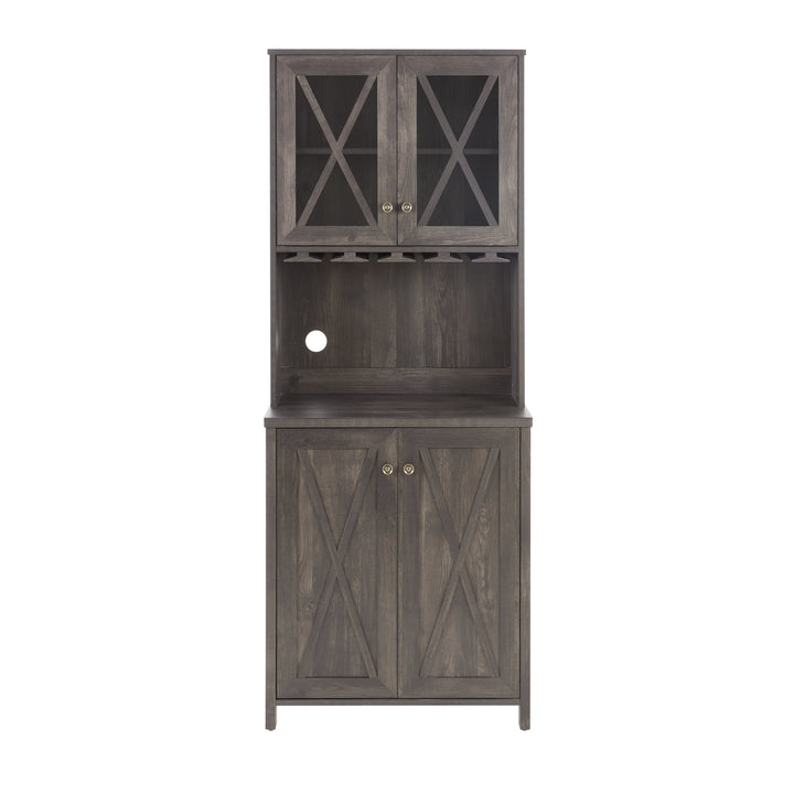 Farmhouse Bar Cabinet Charcoal Grey with Glass Doors Wine Rack Storage Sideboard Image 7