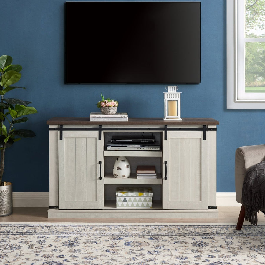 Farmhouse TV Stand for TV Up to 60 with Sliding Doors and Open Storage Space, Light Gray, 54.5W15.75D30.5H Image 1