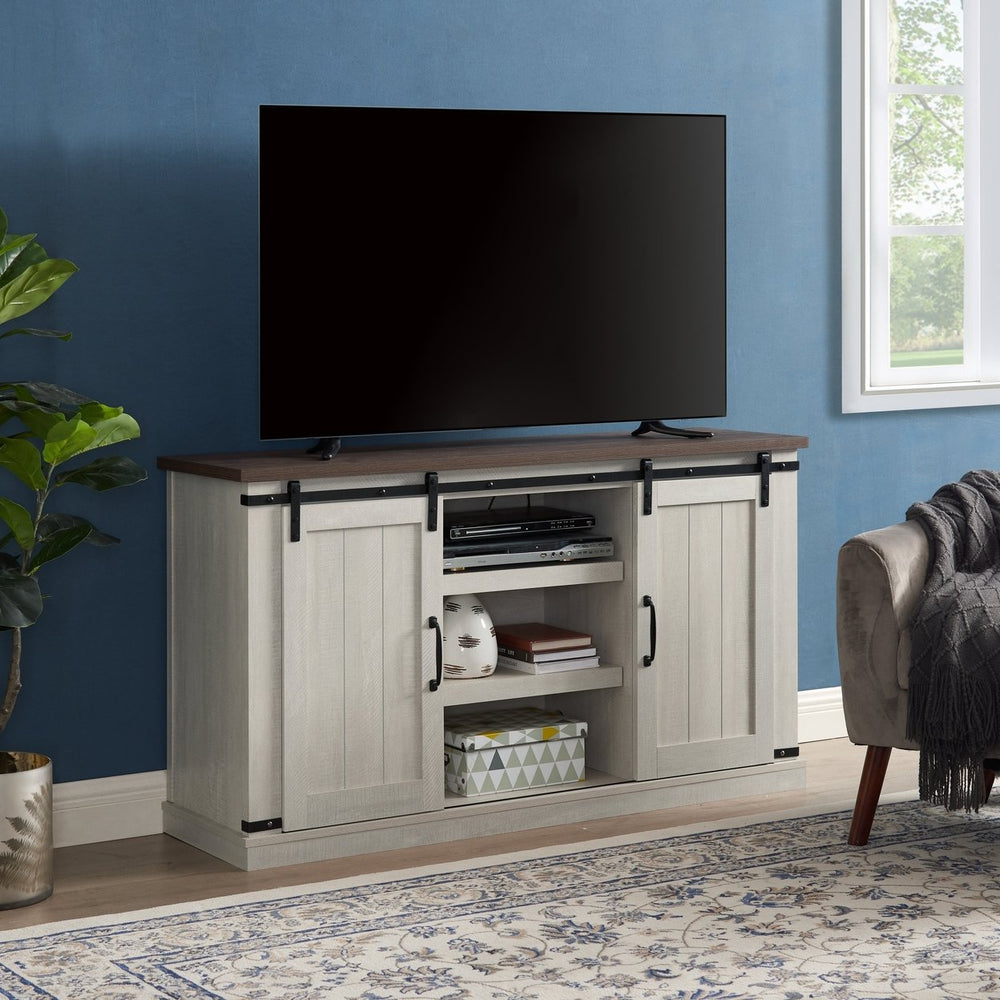 Farmhouse TV Stand for TV Up to 60 with Sliding Doors and Open Storage Space, Light Gray, 54.5W15.75D30.5H Image 2