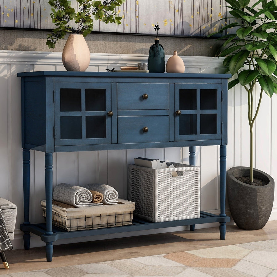 Farmhouse Wood/Glass Buffet Storage Cabinet Living Room (Antique Navy), Sideboard Console Table with Bottom Shelf Image 1