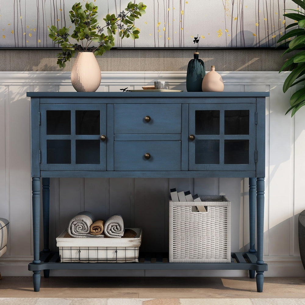 Farmhouse Antique Navy Sideboard Console Table with Bottom Shelf Wood Glass Buffet Storage Cabinet for Living Room Image 2