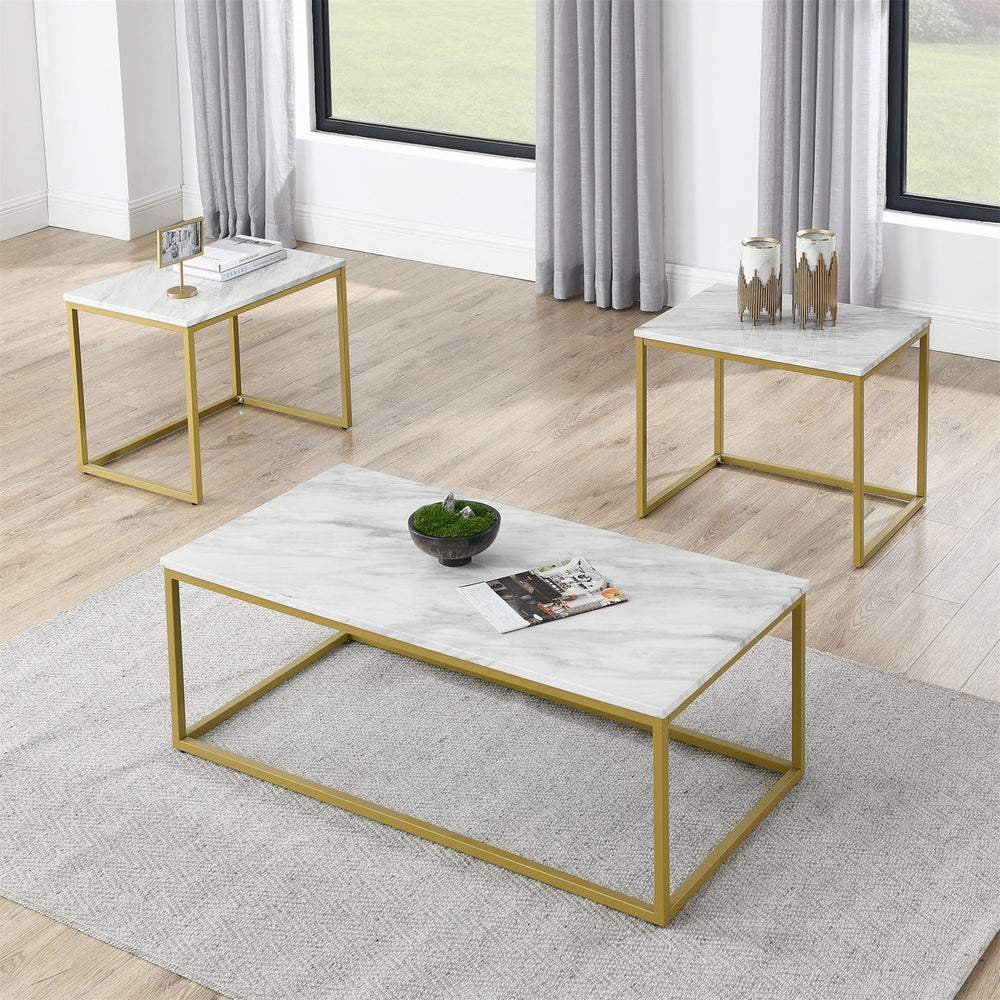 Faux Marble Coffee Table Set, Simple Modern 3-Piece Tables for Living Room and Office, White Gold Image 2
