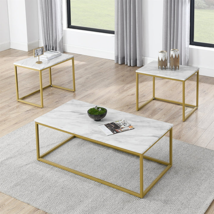 Faux Marble Coffee Table Set White Gold Modern 3-Piece Living Room Tables Image 2