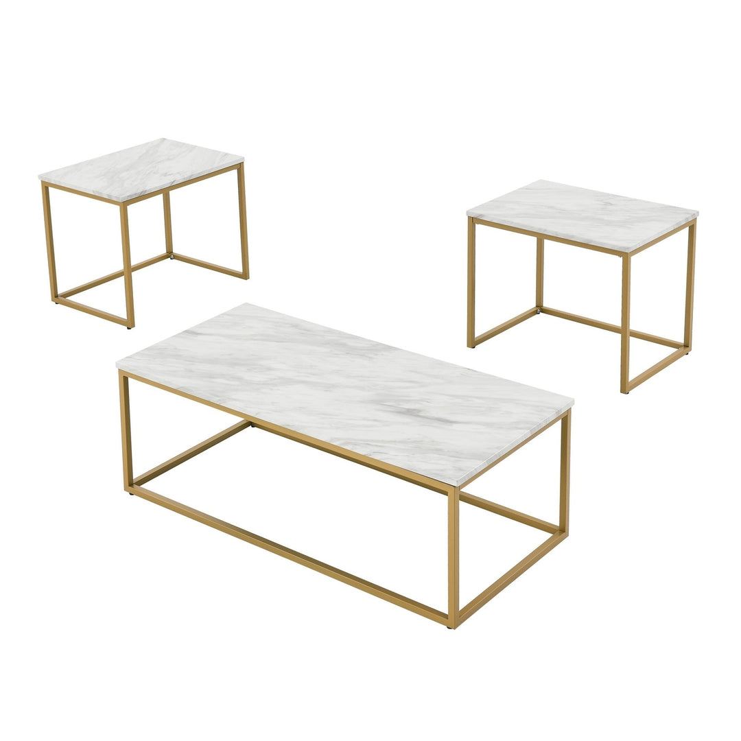 Faux Marble Coffee Table Set White Gold Modern 3-Piece Living Room Tables Image 5