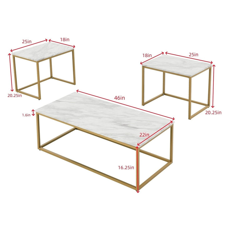 Faux Marble Coffee Table Set White Gold Modern 3-Piece Living Room Tables Image 8