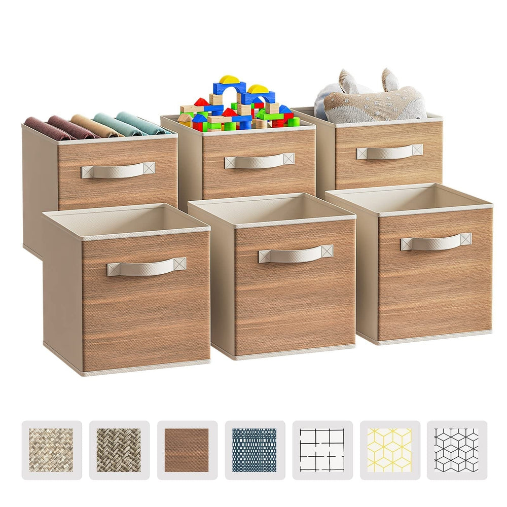 Foldable 11 Inch Fabric Storage Cubes with Handle - 6 Pack, Wood Grain Bins for Shelves, Closet Organization and Storage Image 2