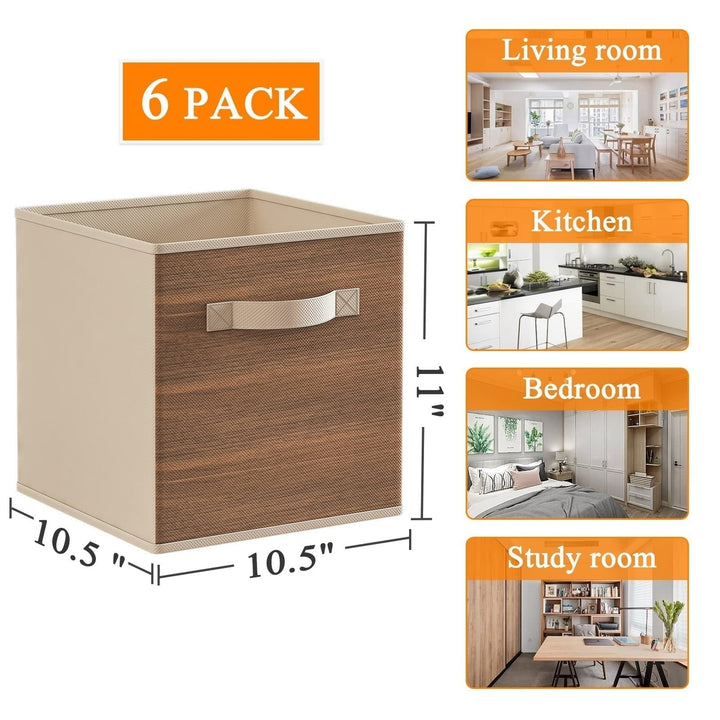 Foldable 11 Inch Fabric Storage Cubes with Handle - 6 Pack, Wood Grain Bins for Shelves, Closet Organization and Storage Image 6