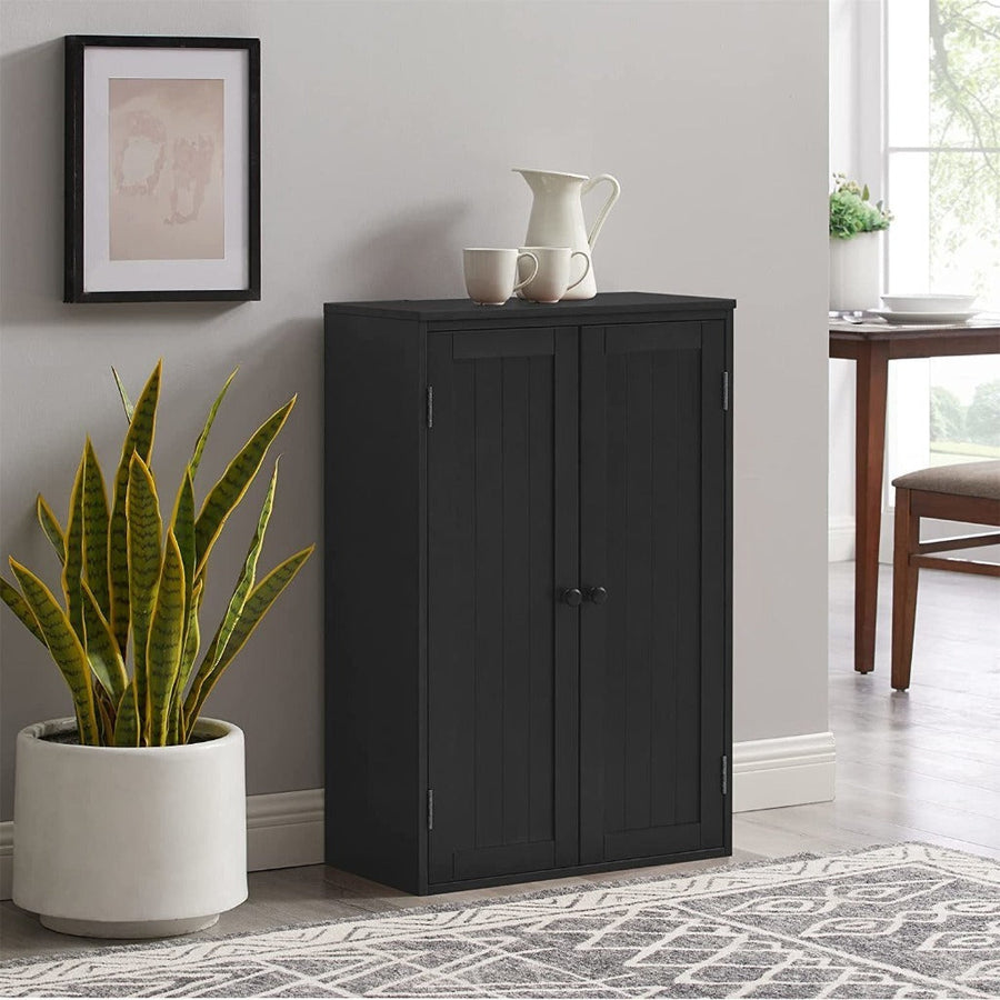 Freestanding Wooden Floor Cabinet with Adjustable Shelf and Double Door Black for Bathroom Storage Image 1