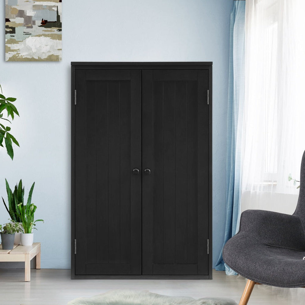 Freestanding Wooden Floor Cabinet with Adjustable Shelf and Double Door Black for Bathroom Storage Image 2