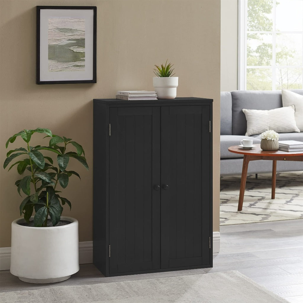 Freestanding Wooden Floor Cabinet with Adjustable Shelf and Double Door Black for Bathroom Storage Image 3