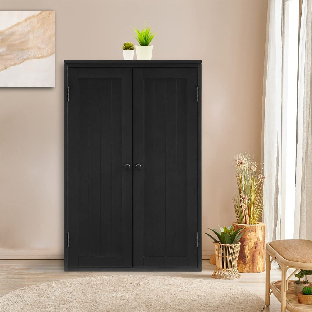 Freestanding Wooden Floor Cabinet with Adjustable Shelf and Double Door Black for Bathroom Storage Image 4