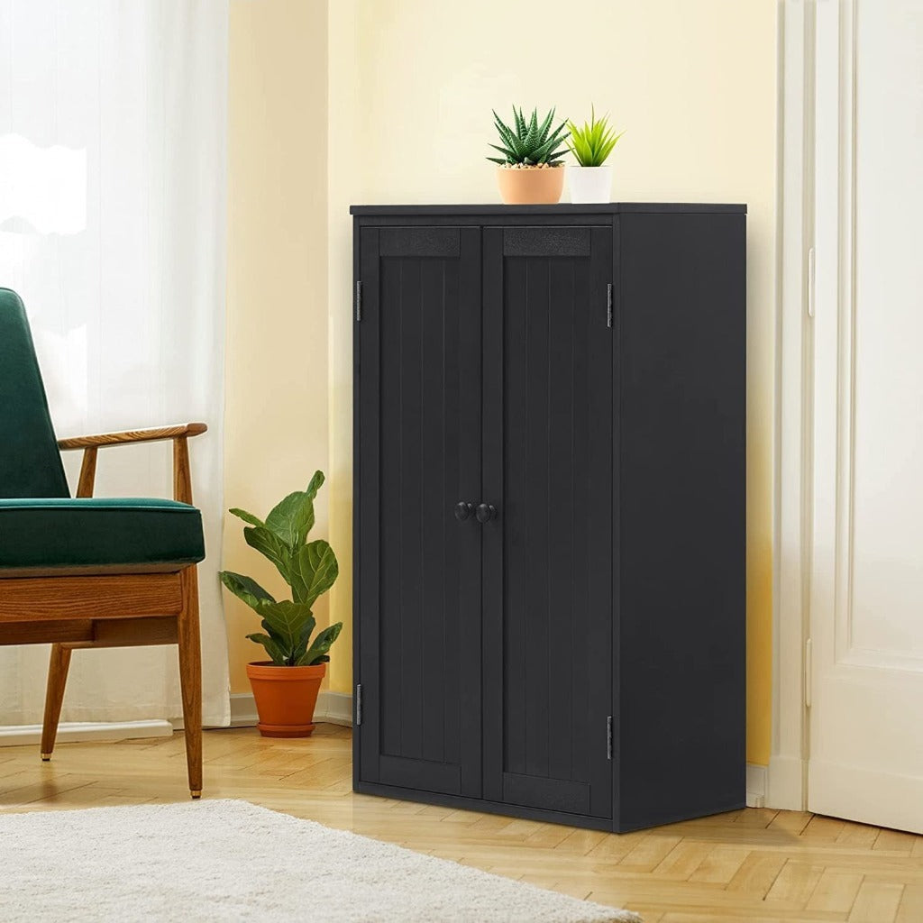 Freestanding Wooden Floor Cabinet with Adjustable Shelf and Double Door Black for Bathroom Storage Image 7