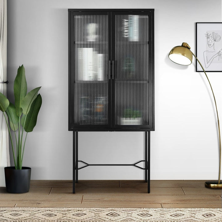 Elegant Floor Cabinet with 2 Tempered Glass Doors Adjustable Shelves Dust-Free Easy Assembly Black Living Room Display Image 8