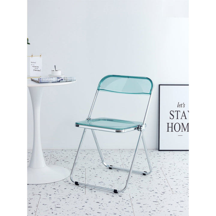 Light Blue Clear Transparent Folding Chair Plastic Living Room Seat Comfortable Space-Saving Design Image 1