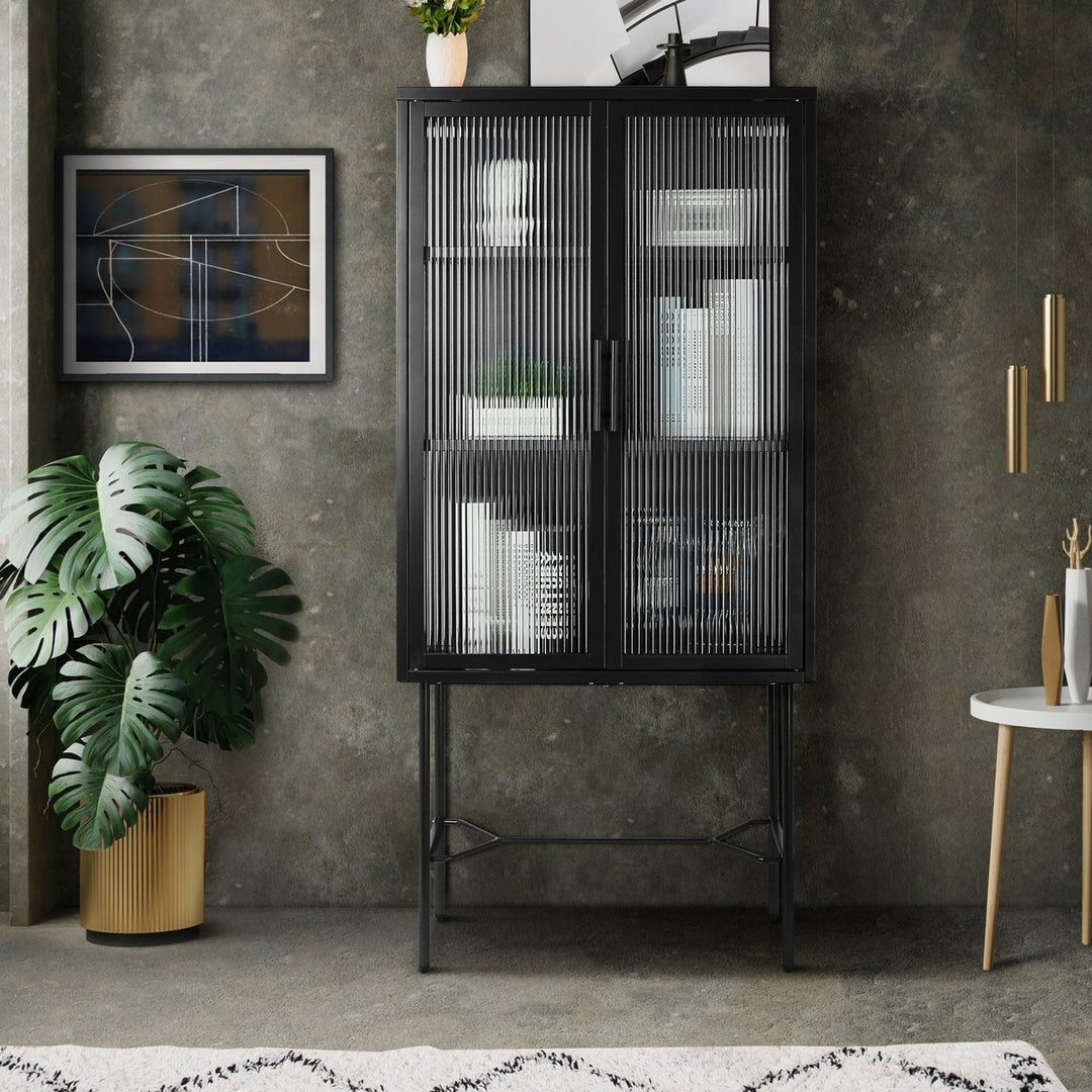 Elegant Floor Cabinet with 2 Tempered Glass Doors Adjustable Shelves Dust-Free Easy Assembly Black Living Room Display Image 12